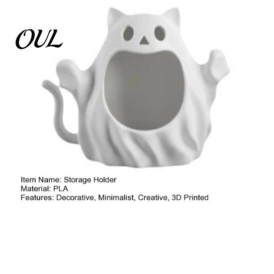 Cute Spooky Home Decorations 3D Printed Halloween Ghost Cat Storage Holder, Decorative Kitten Statue with Holiday Seasonal Ornaments Hollow