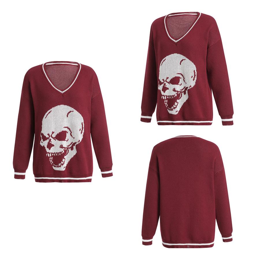 New Autumn Winter College Style Skull Knit Long Sleeve Top Loose Women's Clothing