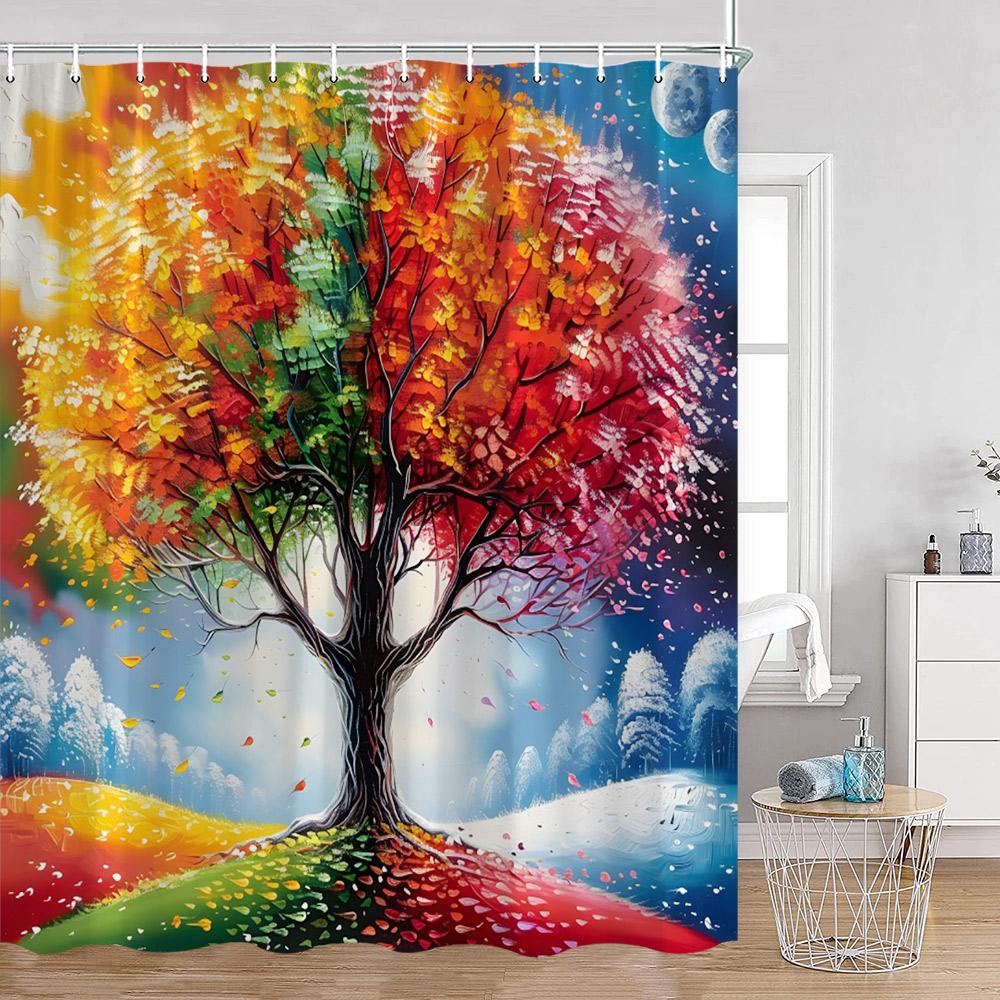 Jahreszeiten Baum Ölgemälde Duschvorhänge Fantasy Baum Wald Bunt Aquarell Blätter Badezimmervorhang Polyester Badezimmerdeko