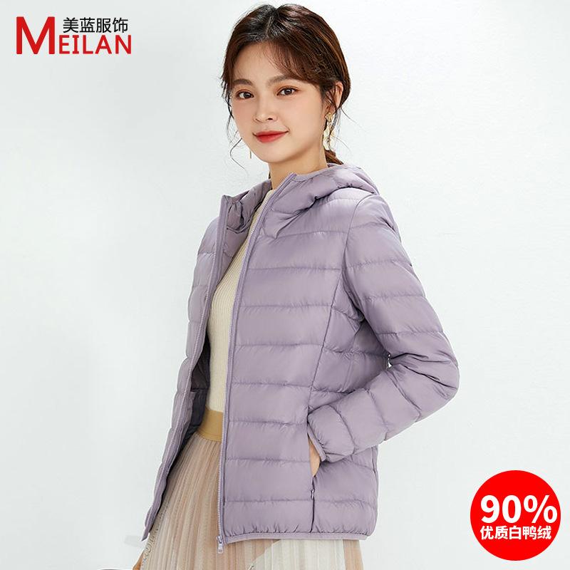 Down women's hooded down jacket women's light and thin short large size light foreign style white duck down jacket Pinghu down jacket batch