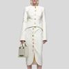 Costum Elegant Ușor Luxos din Două Piese cu Gât Rotund Mânecă Lungă Top Talie Fustă Femei