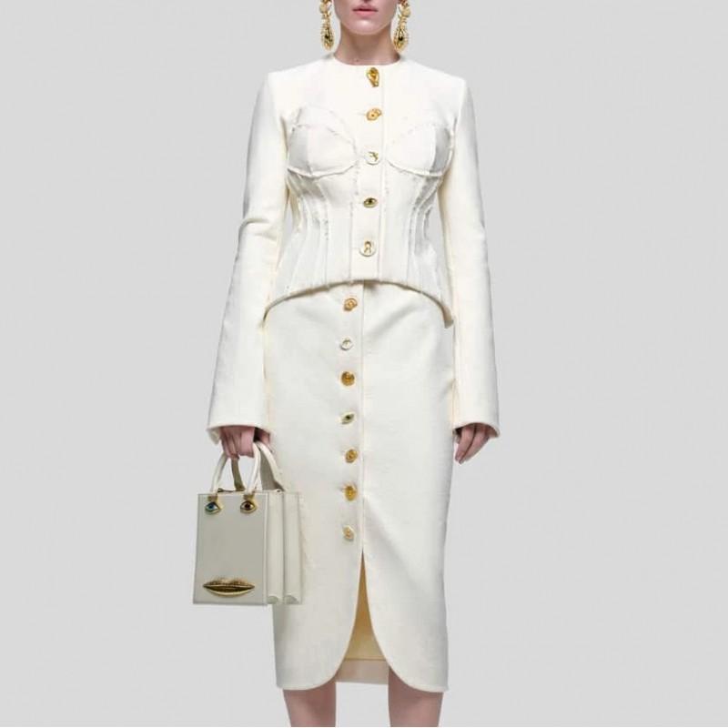 Costum Elegant Ușor Luxos din Două Piese cu Gât Rotund Mânecă Lungă Top Talie Fustă Femei