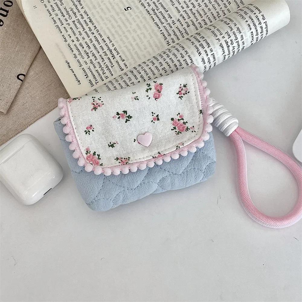 1pc Cute Student Coin Wallet Small Portable Earphone Card Key Storage Bag Floral Korean Ins Style Coin Purse Card Holder Bag