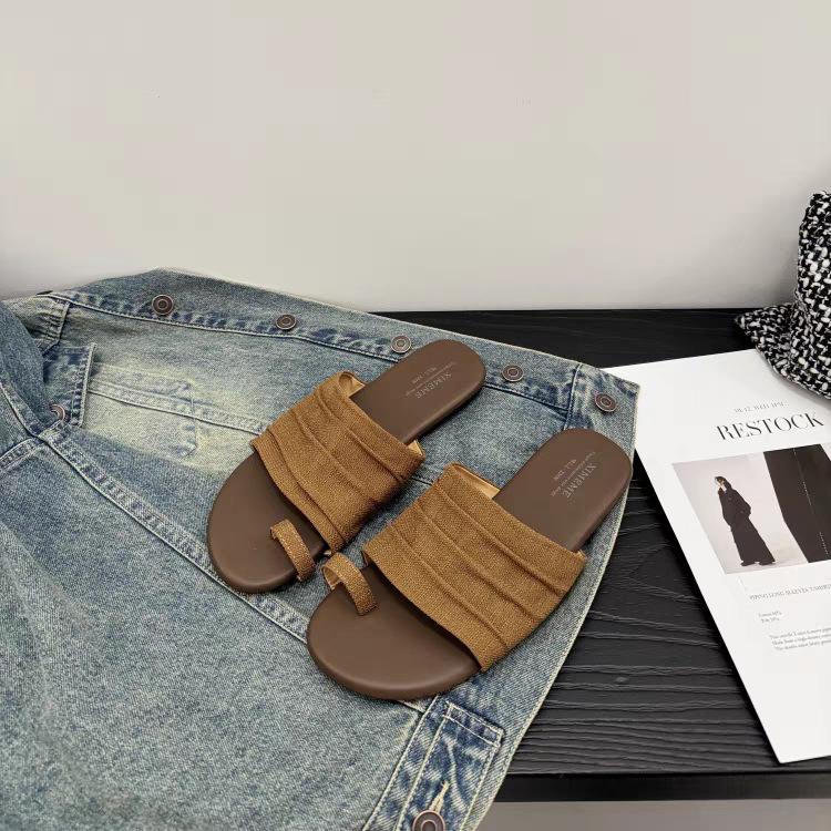 

Summer new linen latex insoles one-word slippers women wear flat casual cool slippers seaside beach shoes 40