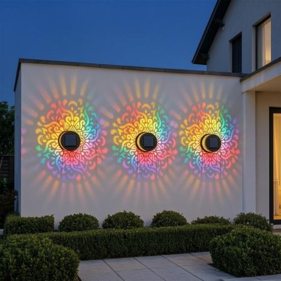 Solar Wall Light, 7 Color Changing Metal Fence Lamp with Projection, Outdoor Waterproof Garden Light for Yard Patio Column Decor