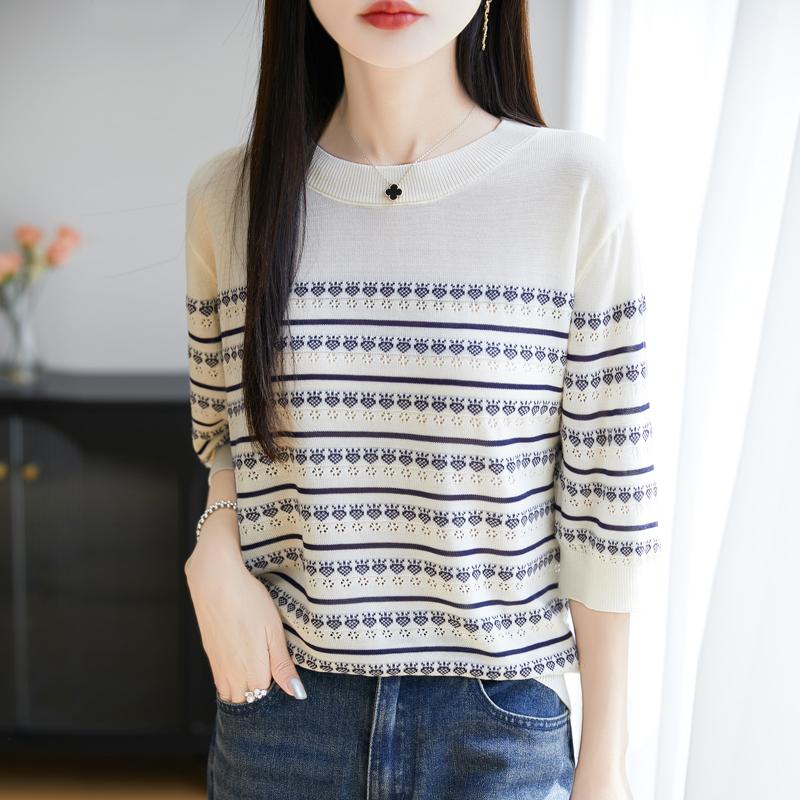 Women Knit T-shirt MODERN NEW SAGA Summer Knitted Shirt Short Sleeve Tees O-neck Patchwork Pullover Knit Tops
