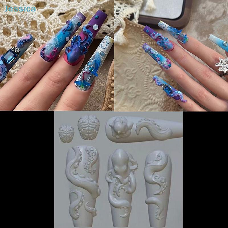 Silikonové formičky na 3D nehtové umění - Formičky na přívěsky chobotnice/jahody/panenky pro designy manikúry z pryskyřice/gelového laku