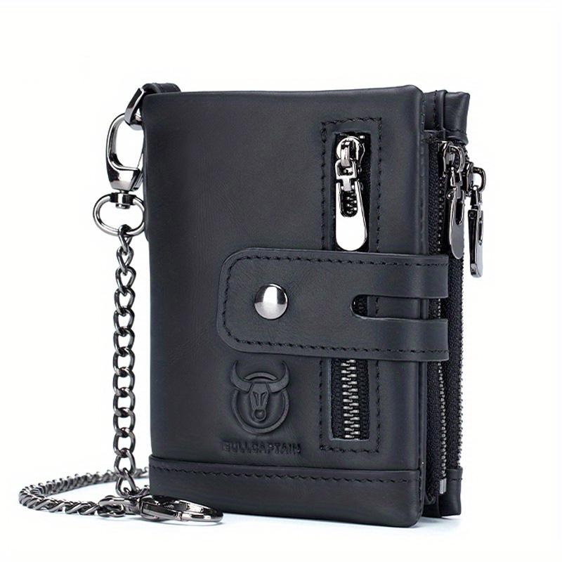 Genuine Leather Men's Wallet Large Capacity RFID Blocking Wallet Casual Retro Multifunctional Card Bag With Anti-Lost Chain