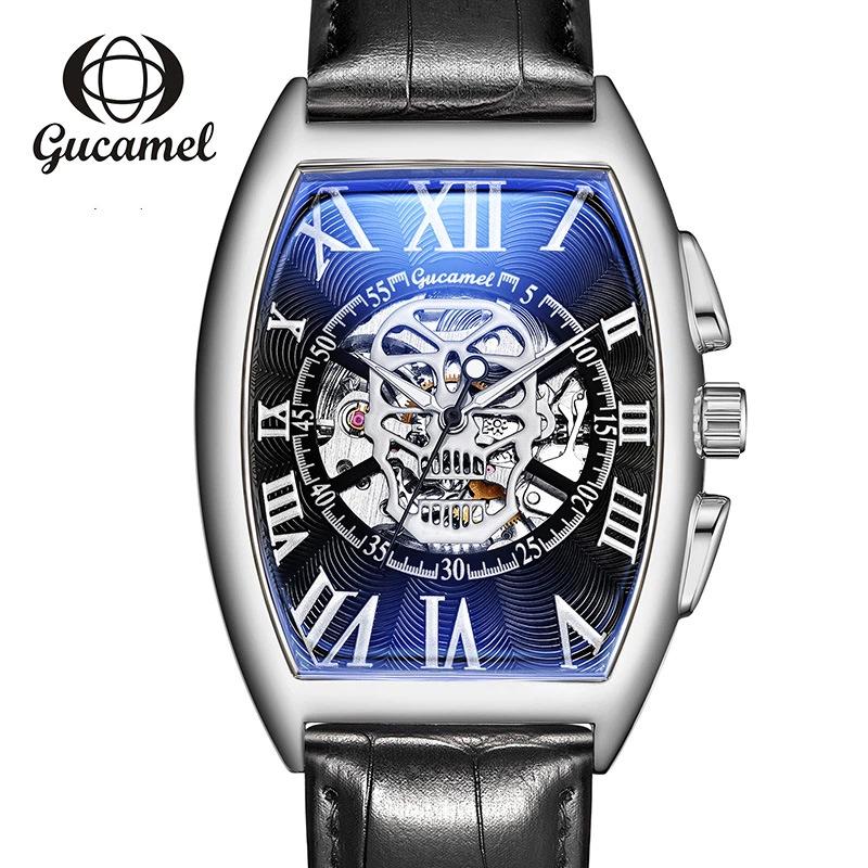Top brand new wine barrel European and American men's fashion skull hollow automatic mechanical watch men's watch