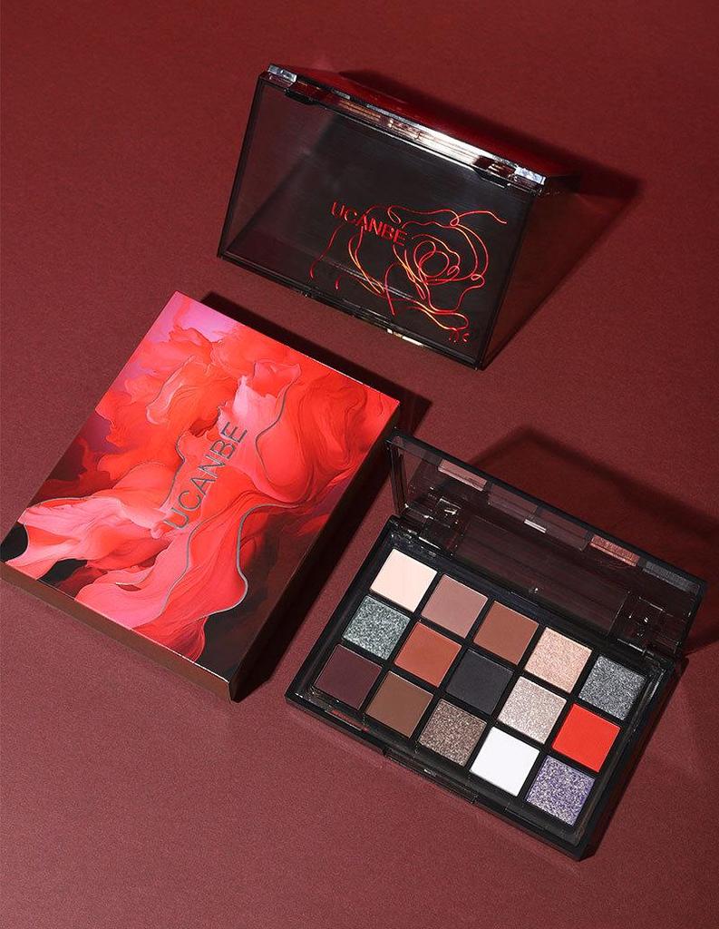 UCANBE Red Robe 15-Color Eyeshadow Palette: Shimmer & Matte Shades for Advanced Play, Black & Red Party Makeup.