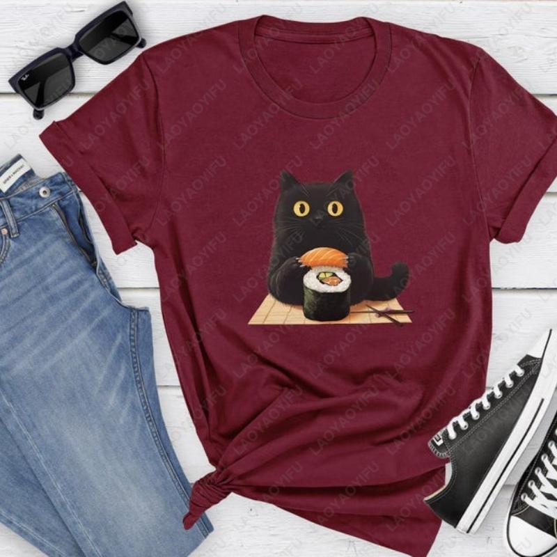 Sushi Cat Unisex Adult Cotton TShirt Creative Trend Kawaii Japanese Foodie Simple Style Oneck Printed Tops Clothes For Women S