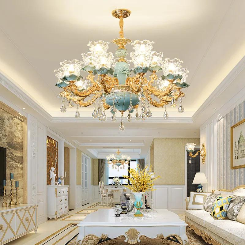 Chandelier Luxury Crystal Blue Ceramic For Living Room Ceiling Lamp Villa Bedroom Dining Room Indoor Home Decor Lighting Fixture