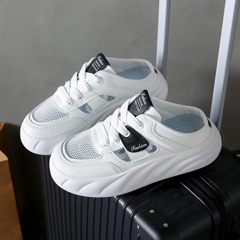 CRLAYDK Women's Mesh Sneakers Platform Slip On Hollow Out Mules Backless Low Top Walking Shoes for Summer White Casual Clipper
