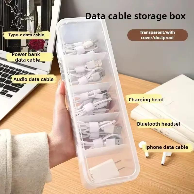 Transparent cable storage box, compartment organizer with lid, dust-proof tidy for use in office and home