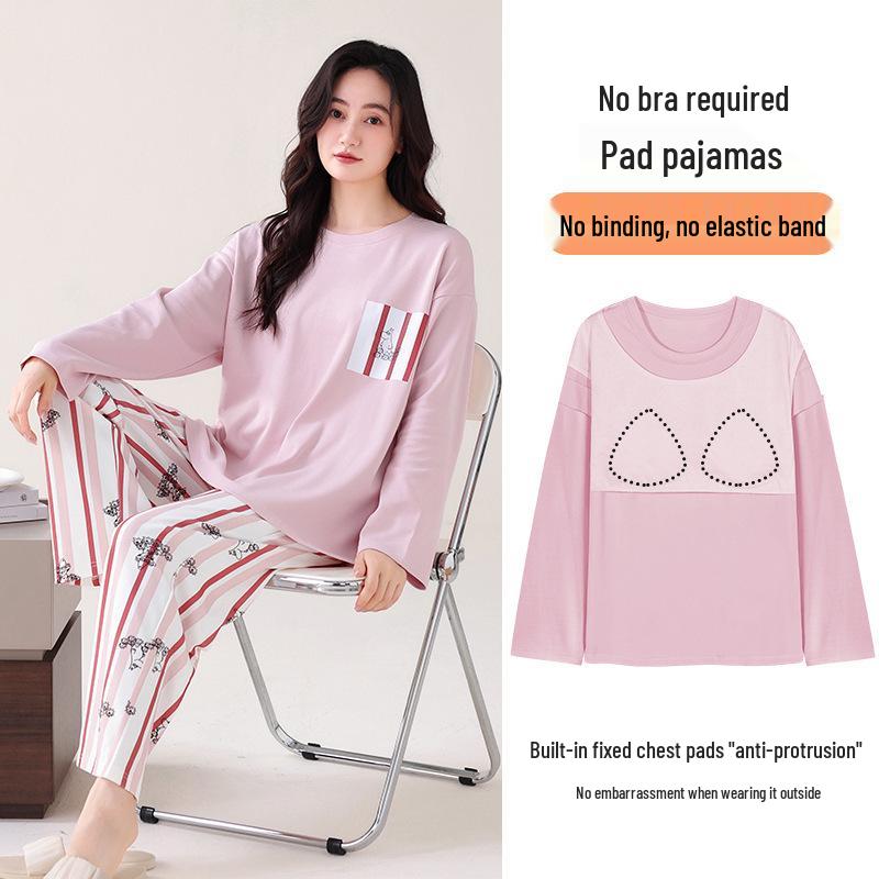 Women's Double-Sided Cotton Pajama Set with Chest Pads - Round Neck, Long Sleeve, Long Pants Pullover Style