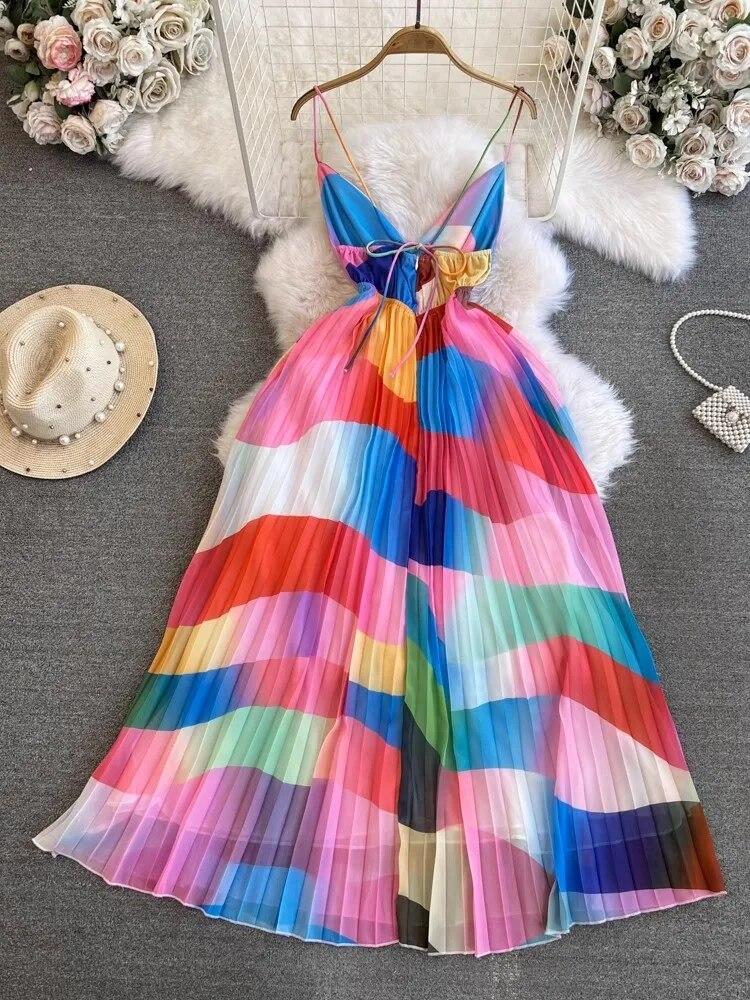 Summer Print Holiday Rainbow Candy Sling Sundresses Women's Spaghetti Strap V Neck Backless Chiffon Beach Vacation Pleated Robe