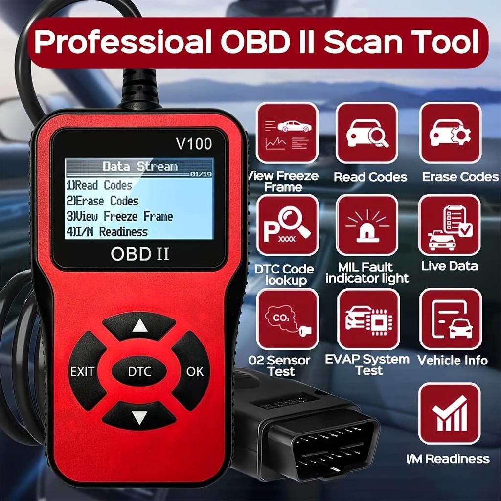 1 Stück V100 Professioneller OBD2-Scanner, Motorfehlercode-Leser, Diagnose-Scan-Tool für Autos mit OBD II-Protokoll seit 1996