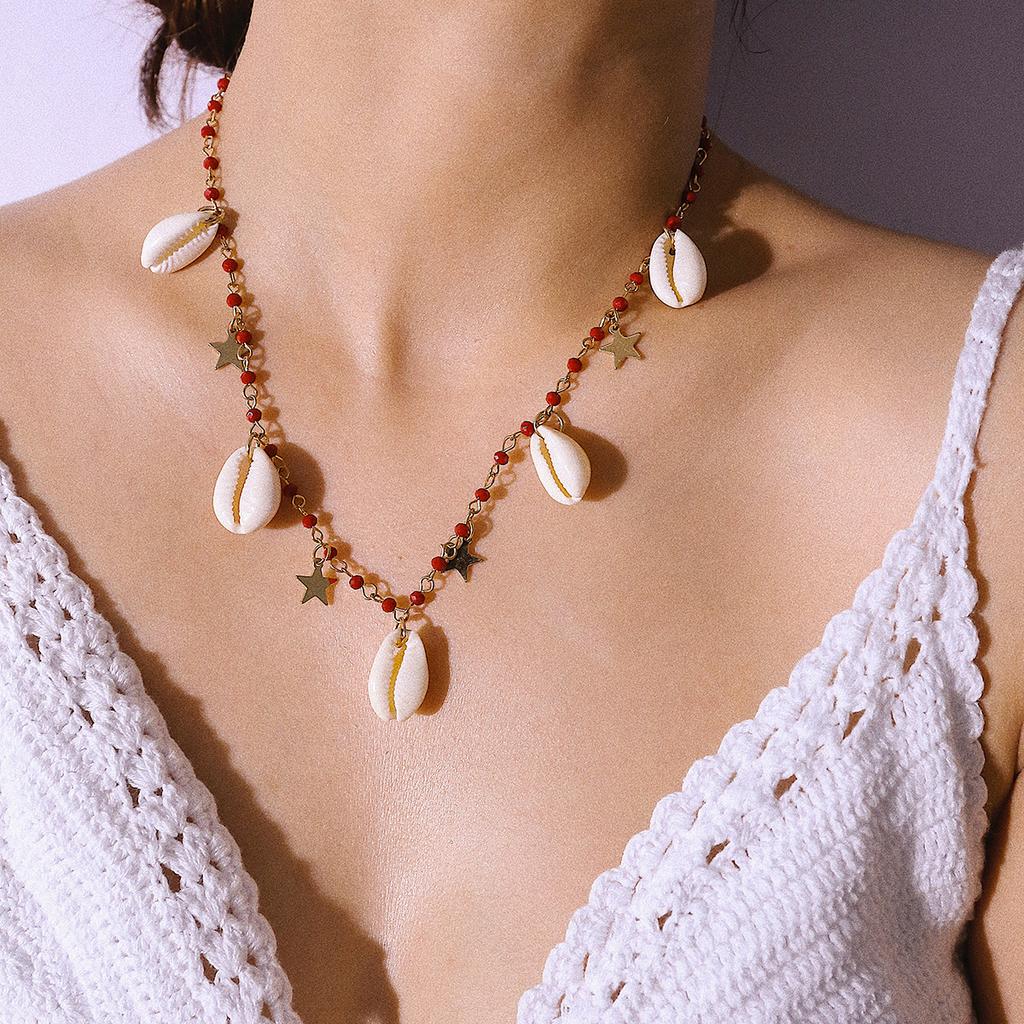 Colored Rice Bead Bohemian Star Necklace, Simple And Versatile Summer Pearl Shell Pendant Necklace Women