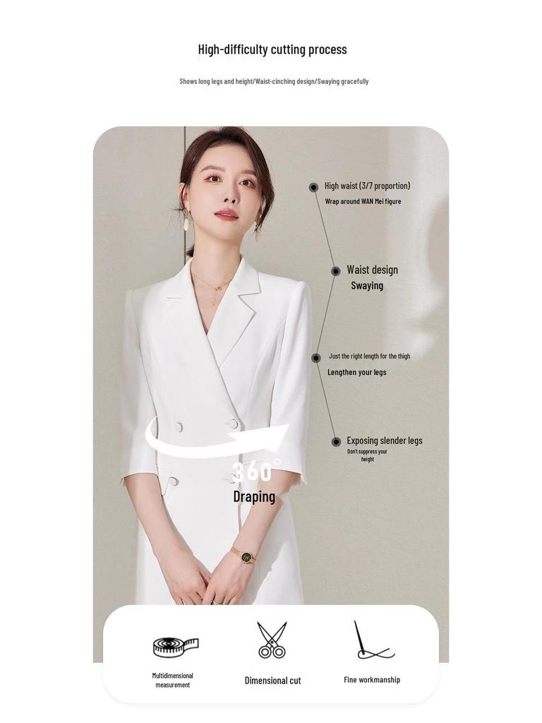 Spring/Summer White Double-Breasted Midi Dress with Suit Collar and Formal Workwear Elegance