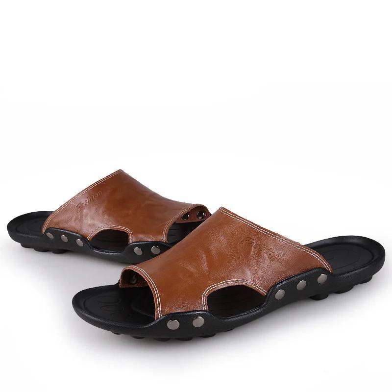 Fashion Big Size Men Slippers Summer Fashion Genuine Leather Casual Slides Street Fashion Beach Shoes Black Cow Leather Sandals