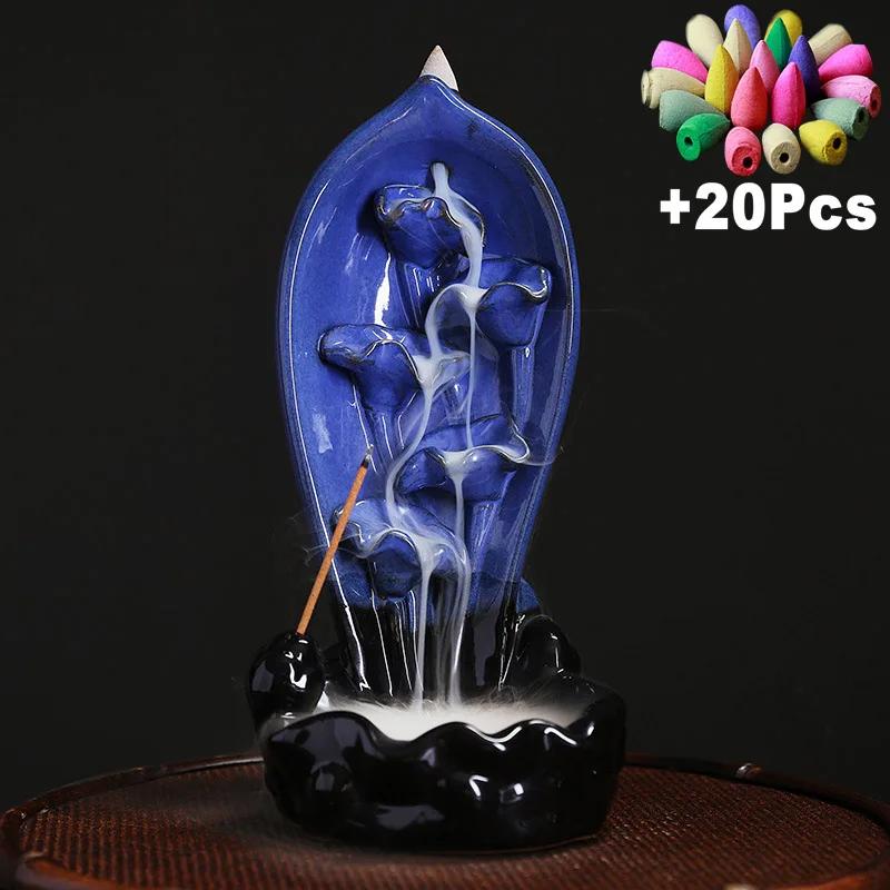 1pc Ceramic Incense Burner With 20 Cones, Waterfall Backflow Incense Stick Holder, Aromatherapy Ornament, Zen Decor, Home Decor