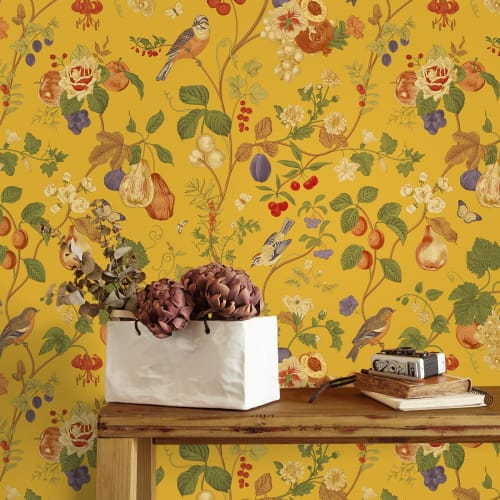VEELIKE Floral Wallpaper Sticker, 44.5cm X 3m, Japanese-style, Featuring Grapevine and Bird and Flower Patterns In Yellow. Perfect for Redecorating, C