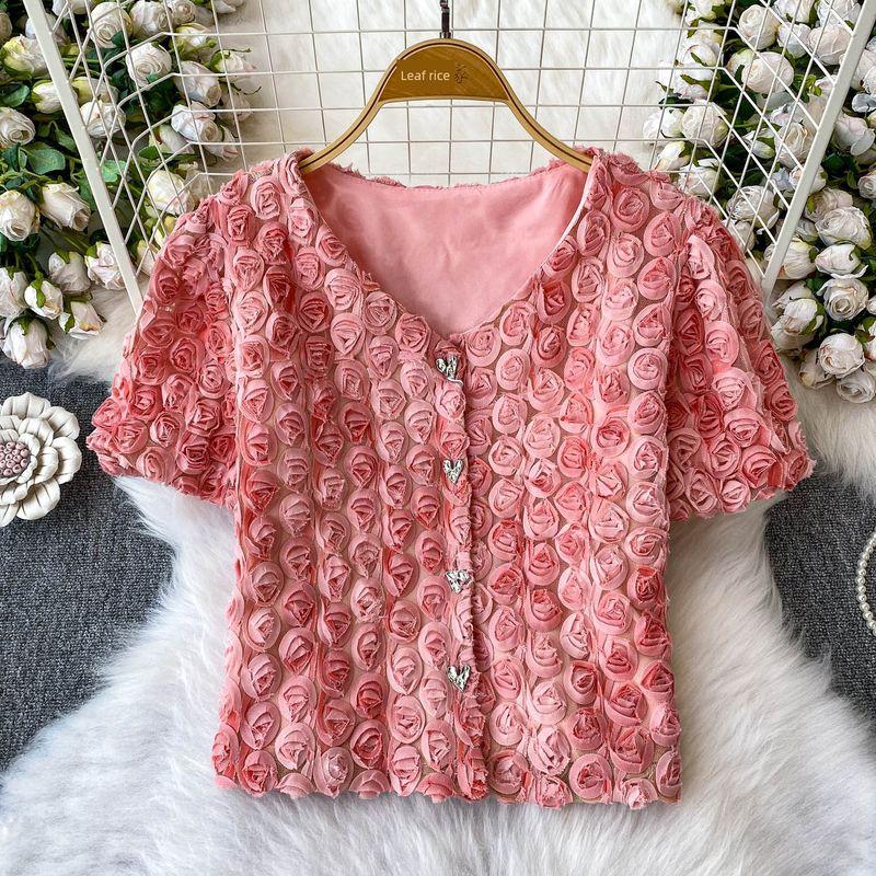 

French style Romantic Three-Dimensional Flowers V-neck Puff sleeve Shirts Women Summer Heavy Industry Immortal Sweet Age-Reducing Short Outerwear Pink M