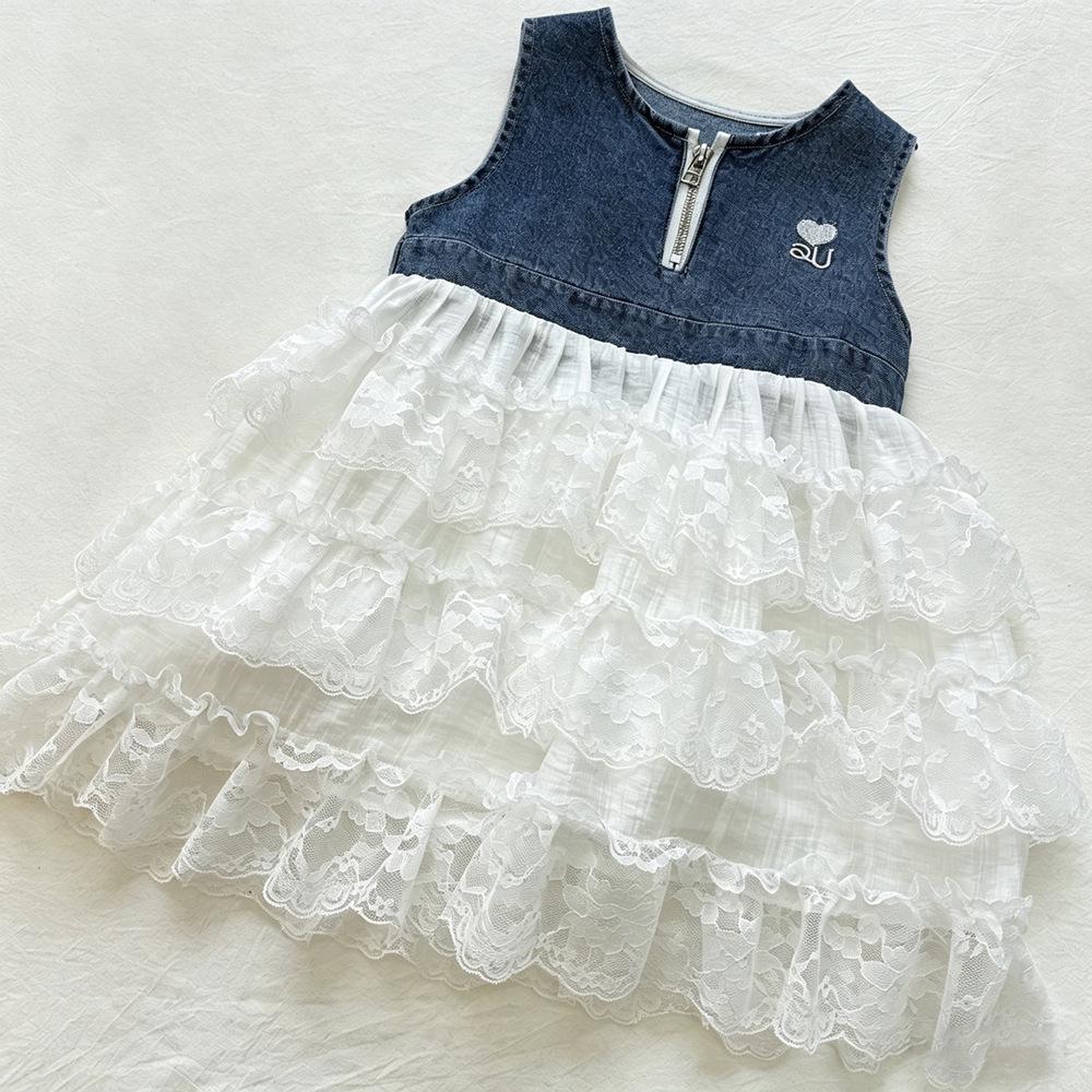 Meisjes Denim Kant Patchwork Mouwloze Jurk - Zomer 2026 Prinsessenstijl