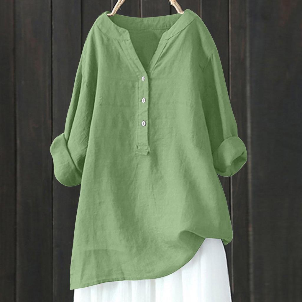 European American Loose Solid Color Stand Collar Button Long Sleeve Cotton Linen Top