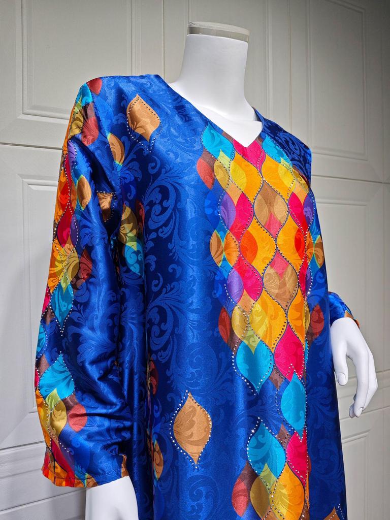 Elegant V-Neck Long Sleeve Dress with Hot Drill Print for Women