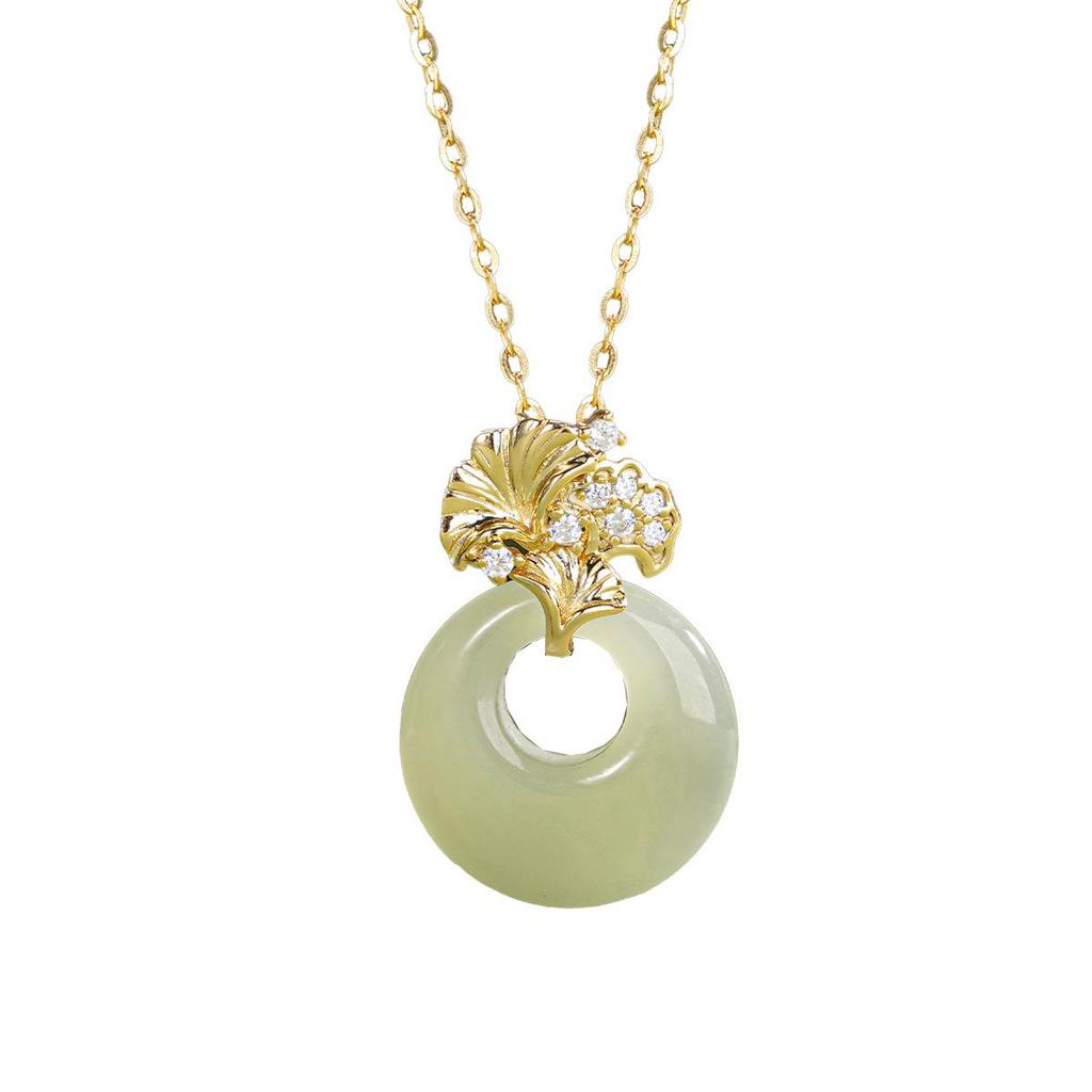 Teqia Women's S925 Sterling Silver Ginkgo Leaf Necklace with Hetian Jade Pendant