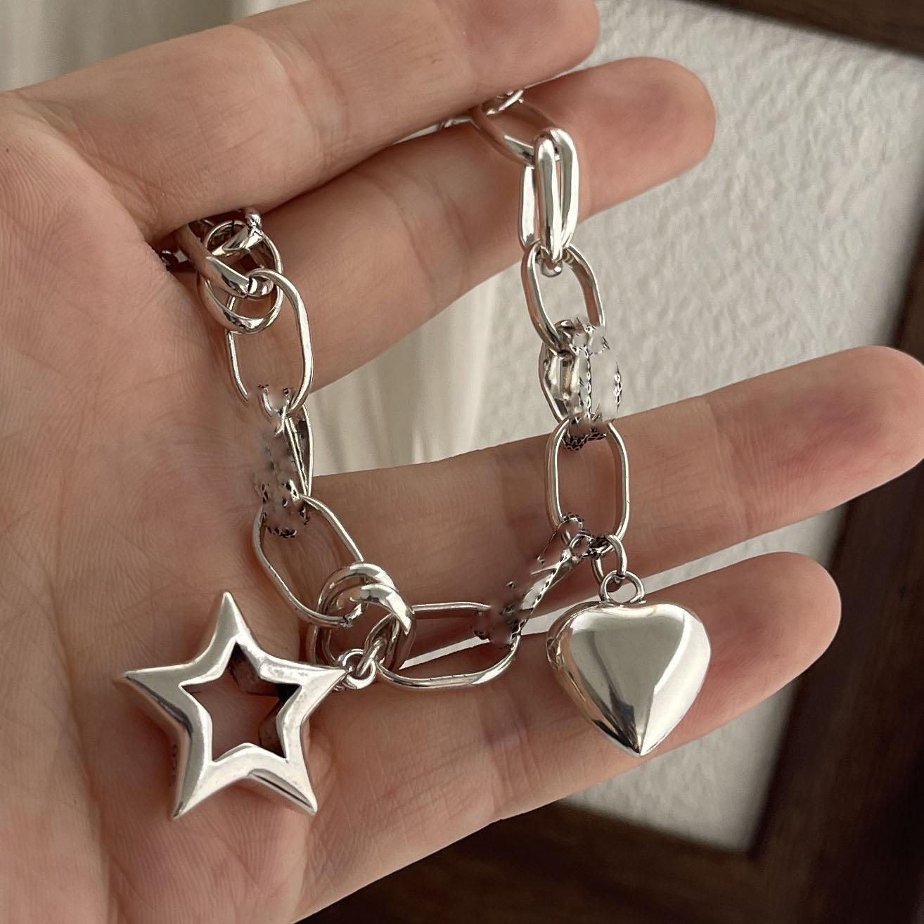 

100% Solid 925 Sterling Silver Retro Bracelet for Women Men Vintage Handmade Heart Star Tassel Patern Bracelet Birthday Gift