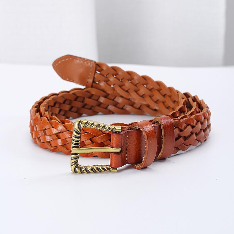 

Плетений вручну ремінь з натуральної шкіри рослинного дублення, жіночий універсальний ремінь без проколів, з пряжкою-штифтом, повсякденний ремінь для джинсів 100cm коричневий