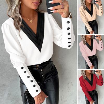 Frauen Herbst Frühling Hemd V-ausschnitt Taste Dekor Langarm Kontrast Farbe Weiche Patchwork Pullover OL Pendeln Stil Dame frühling Top Bluse