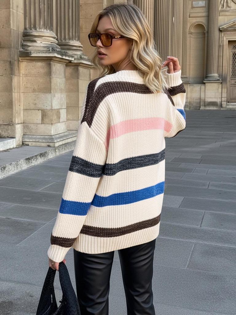 European & American Autumn/Winter V-Neck Striped Sweater - Women's Loose Fit, Long Sleeve, Mid-Length