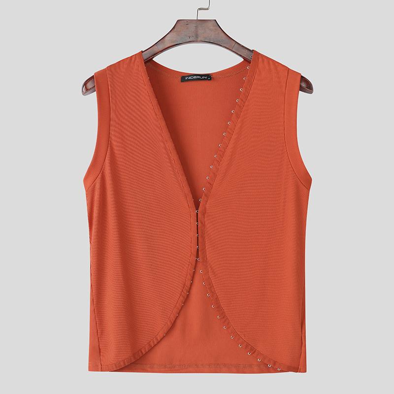 

INCERUN Summer Men V Neck Sleeveless Buttons Irregular Casual Slim Rib Tank Tops XL