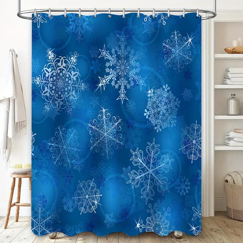 Blue Snowflake Shower Curtain White Floral Print Bathroom Decor Waterproof Fabric Perfect for Christmas and Holiday Celebrations