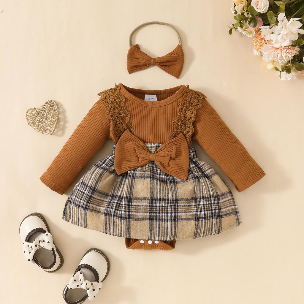 Baby Girls' Long Sleeve Lace Plaid Romper with Bowknot
