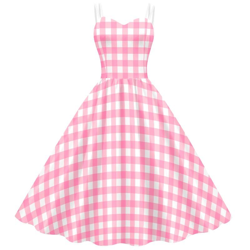 Movie Barbie Skirt Digital Printing Pink Checked Dress