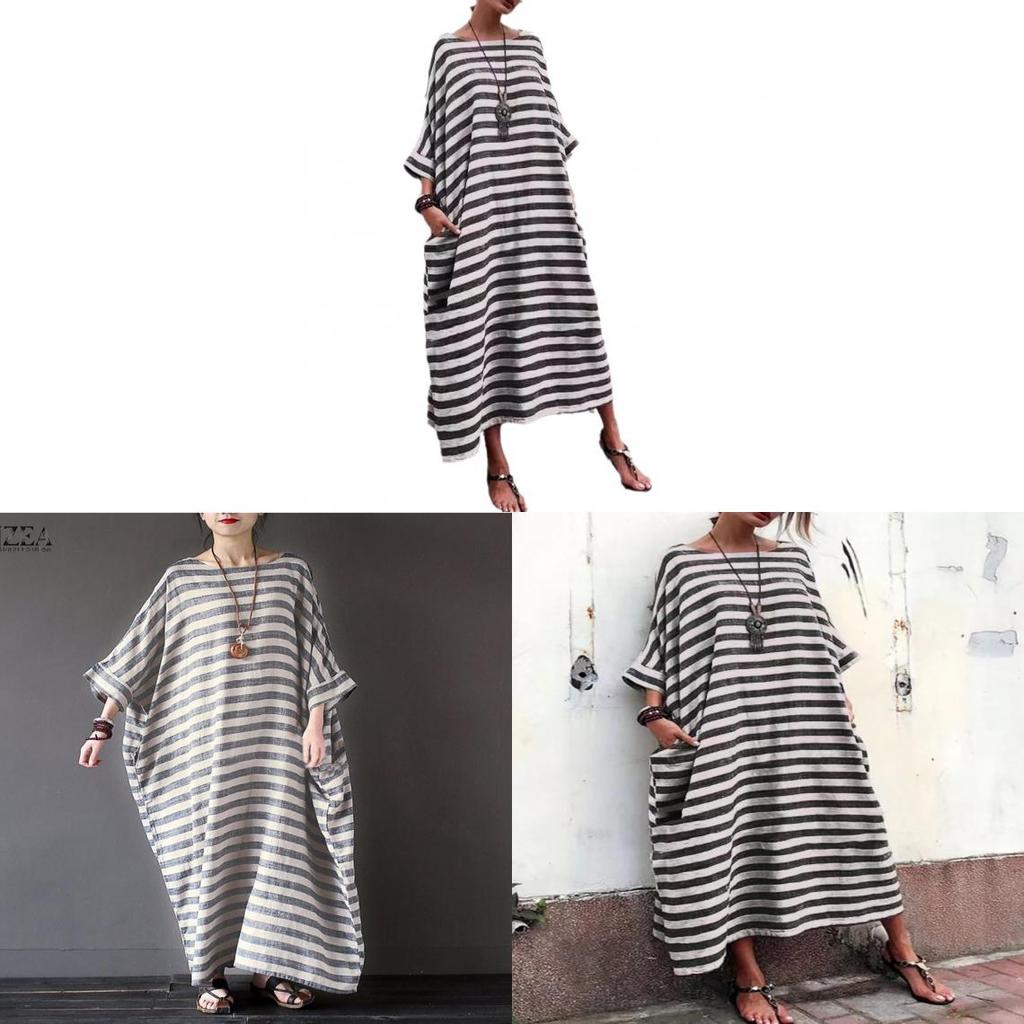 Vintage Linen Cotton Striped Long Dress With Loose Fit For Casual Women