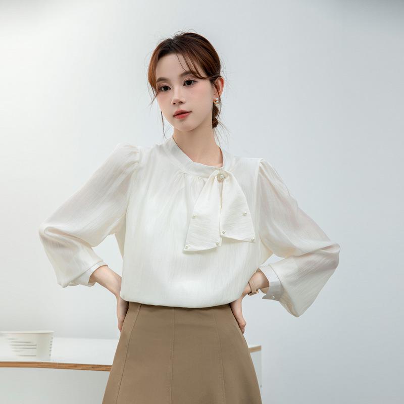 Women s Chic Tie-Neck Chiffon Blouse - Spring 2026 French Style Medium абрикосовый