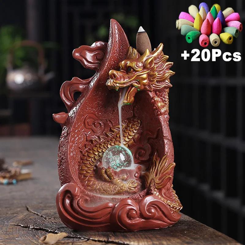 

Светодиодный держатель для благовоний в виде дракона с обратным потоком, водопадная курильница для благовоний +20 конусов для благовоний с обратным потоком, украшение для ароматерапии