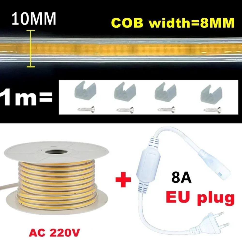 220V Led Strip Waterproof Lens COB Flexible Ribbon With Switch/Dimmable EU Plug For Room Bedroom Kitchen Outdoor Garden Lighting