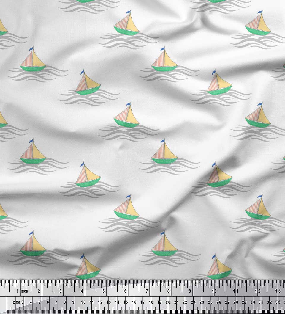 

Soimoi Blue Japan Crepe Satin Fabric Yacht & Waves Nautical Print Fabric by the metre 42 Inch 42 Inch Wide - Poly Crepe білий