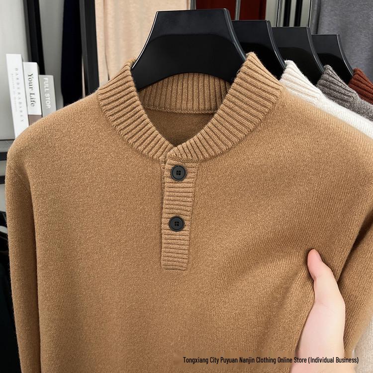 Men's Wool Sweater - Half-Button, Half-High Collar, Long Sleeve, Casual Knitwear for Autumn/Winter