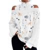Women Pullover Blouse Off Shoulder Sleeve Loose Printing Long Turtleneck Shirt Top
