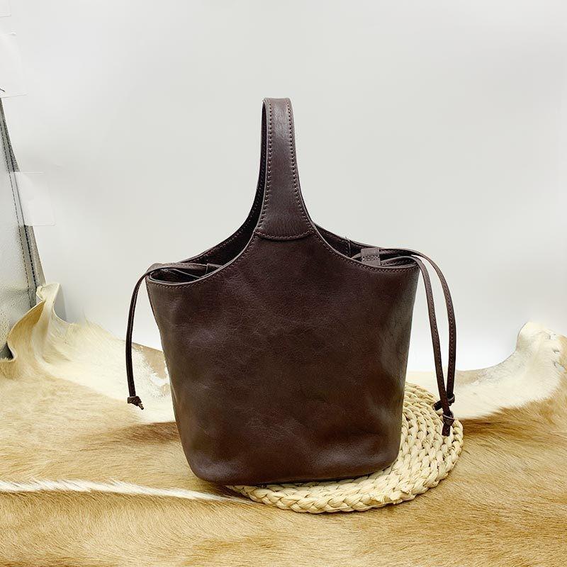 Johnature Genuine Leather Retro Bucket Bag Commuter Large Capacity Soft Cowhide Solid Color Women's Shoulder Bag