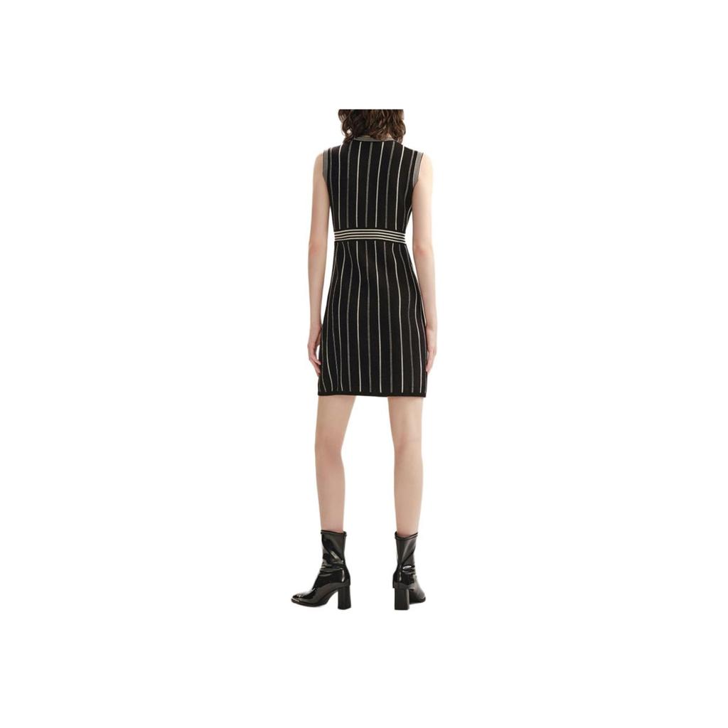 Karl Lagerfeld French Chic Striped Print Short Sleeve Round Neck Buttoned Sleeveless Dress Women Dresses Multicolor 236L1325