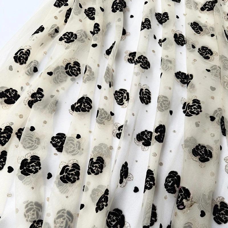 1meter Black Beige Rose Flower Velvet Embossed Gold Powder Mesh Fabric Flocking African Tulle Jacquard Fabrics for DIY Sewing