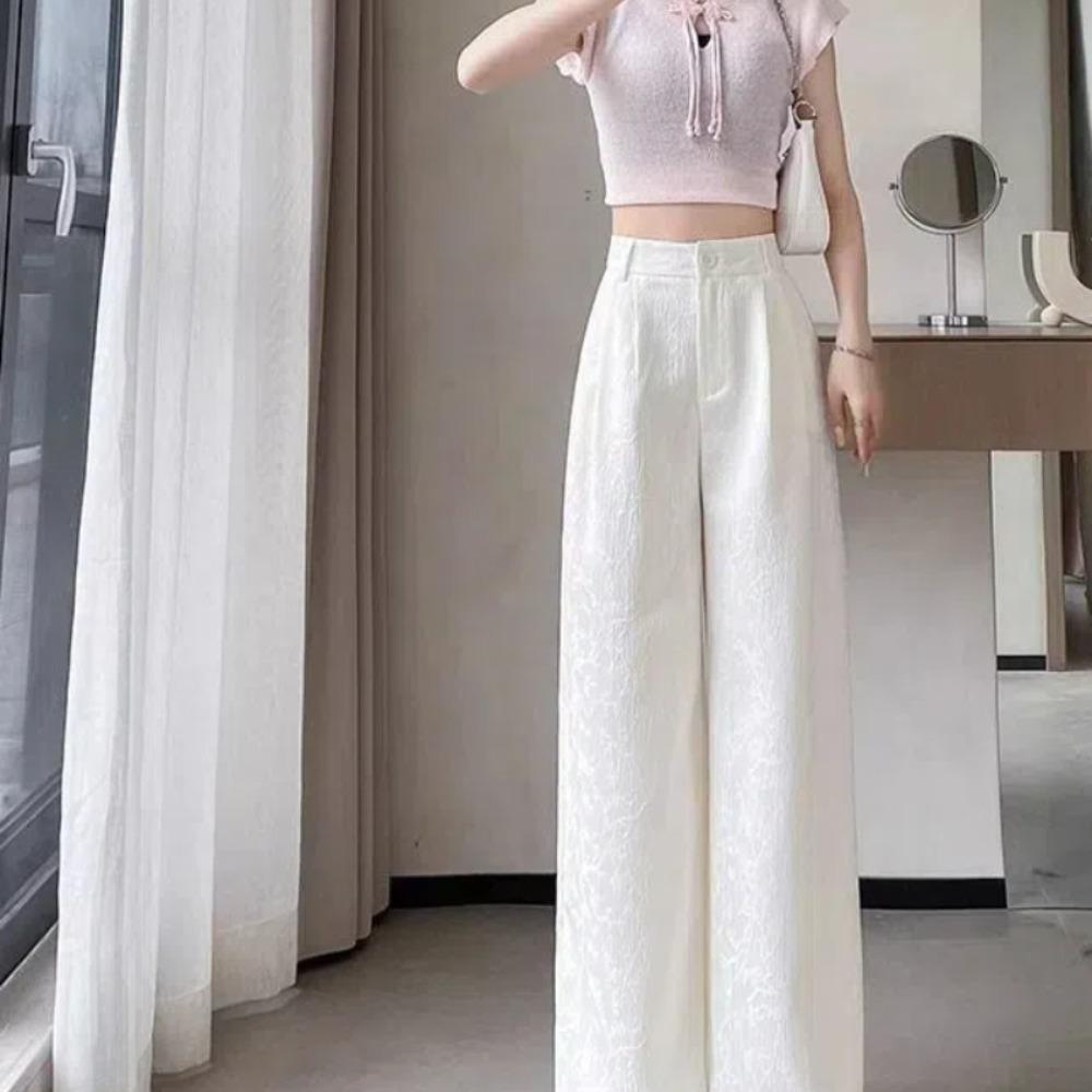 New Chinese Style White Satin Suit Wide-leg Pants  Women's Season Thin Narrow Version Straight Wide-leg Pants